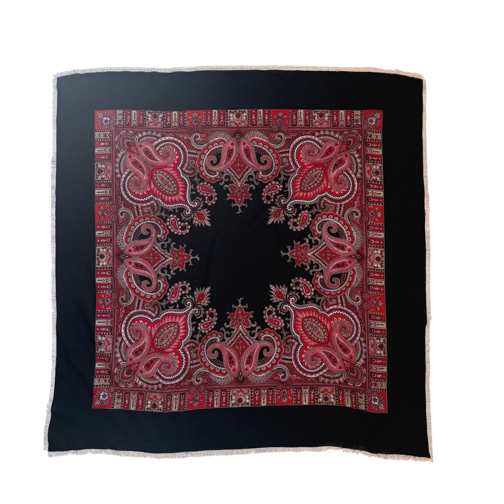Vintage Wool Scarf Handprinted Switzerland Paisley Black Red Western 31x31